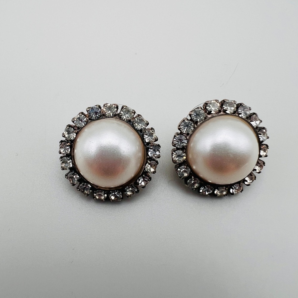 Vintage Faux Pearl Rhinestone Earrings Halo Stud Silver‎ Tone Round Statement